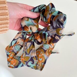 Boho Scrunchie detachable scarf bow 100% vintage silk  retro western rodeo